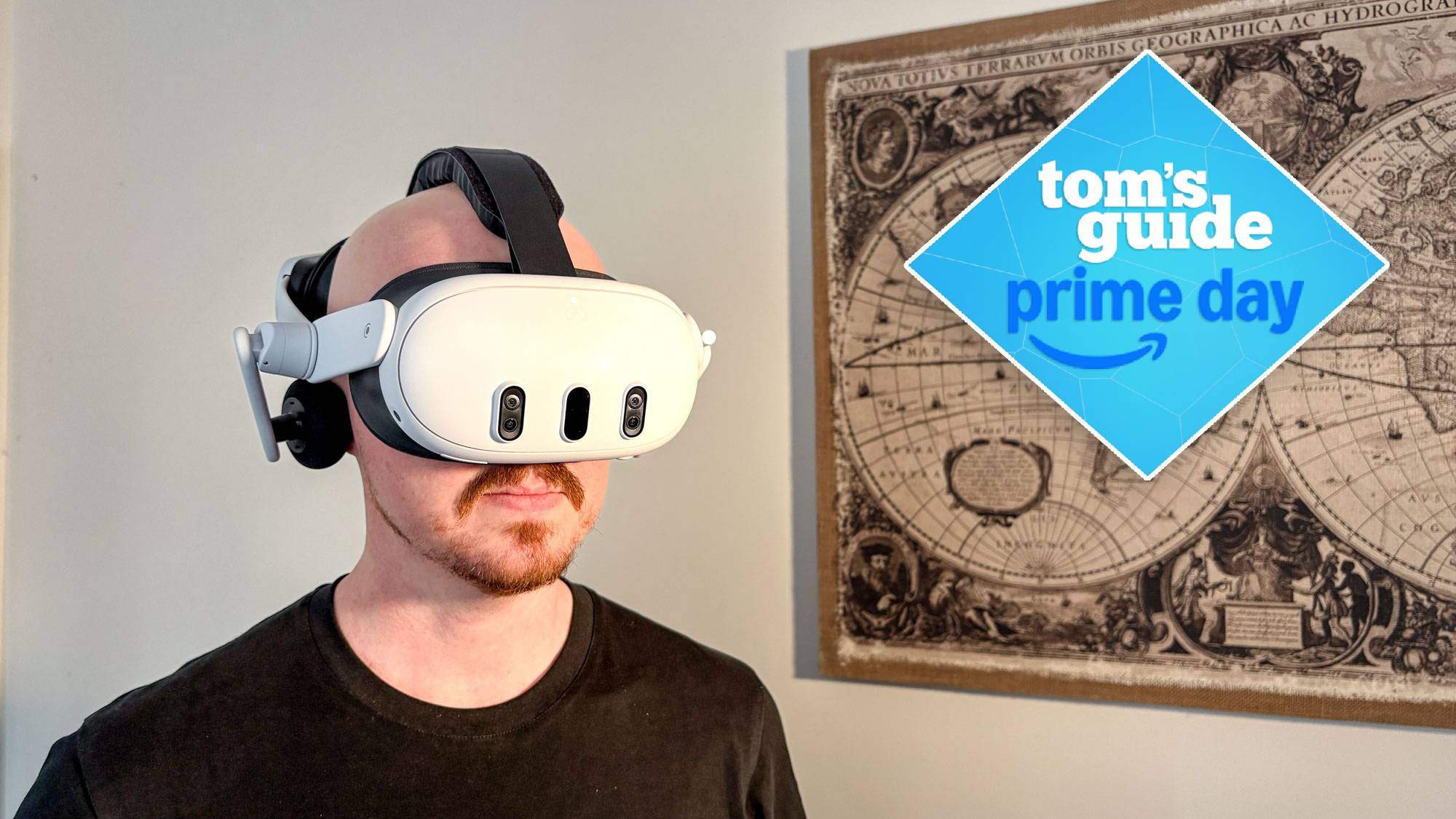 Person wearing Kiwi Design K4 head strap on Meta Quest 3 with Tom&#039;s Guide Prime Day badge