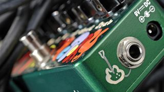 Close up of input on a Fuzz Factory guitar pedal
