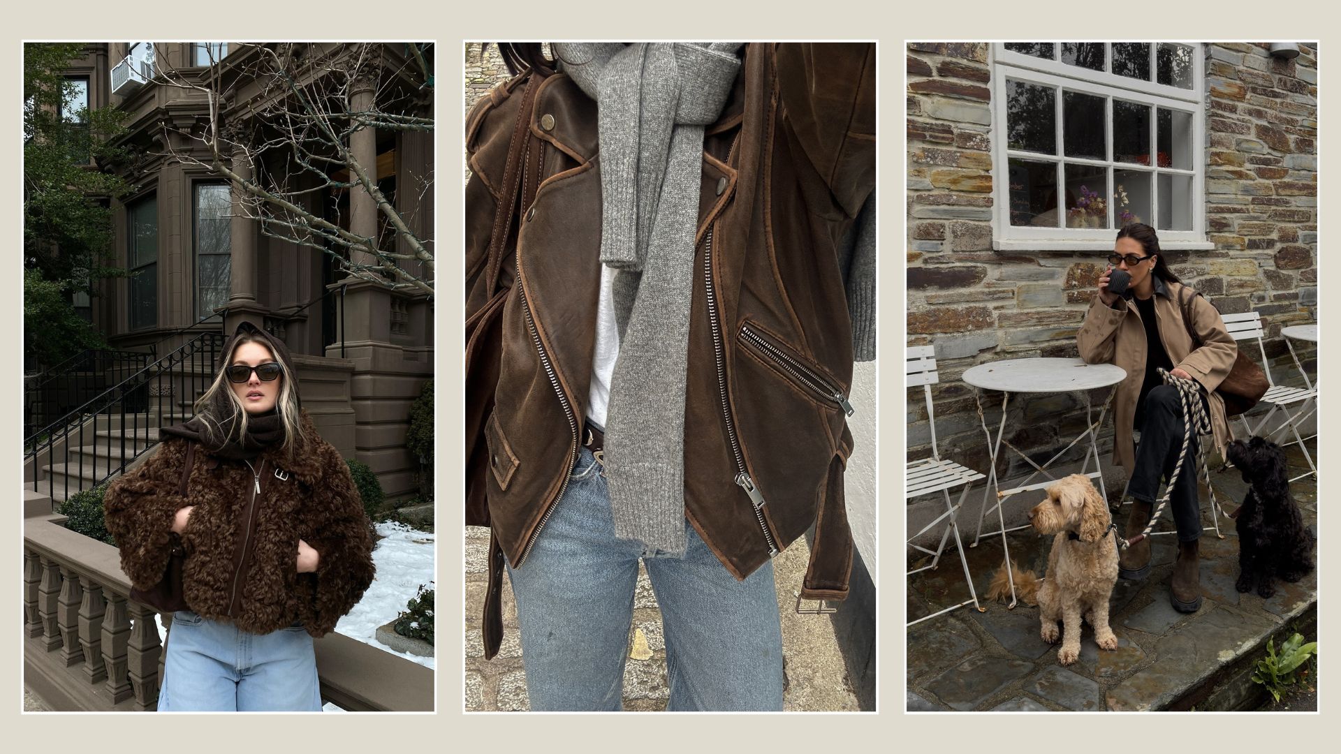 A collage of autumnal images, including a woman sitting outside a cafe drinking a coffee on an autumnal day, a close-up picture of a brown leather jacket and a woman standing outside a brown house wearing a fluffy brown jacket