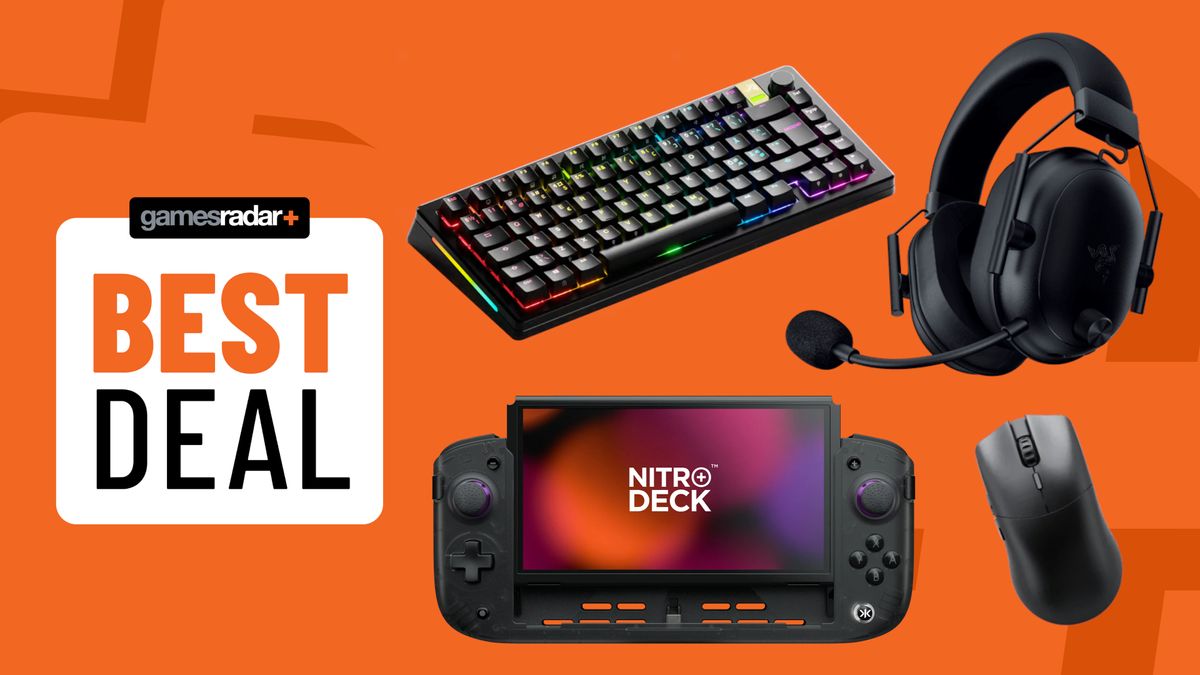 CRKD Nitro Deck, Glorious GMMK 3 Pro HE, Razer BlackShark V2 Hyperspeed, and Glorious Series 2 Pro gaming accessories on an orange background with badge reading &#039;best deal&#039;