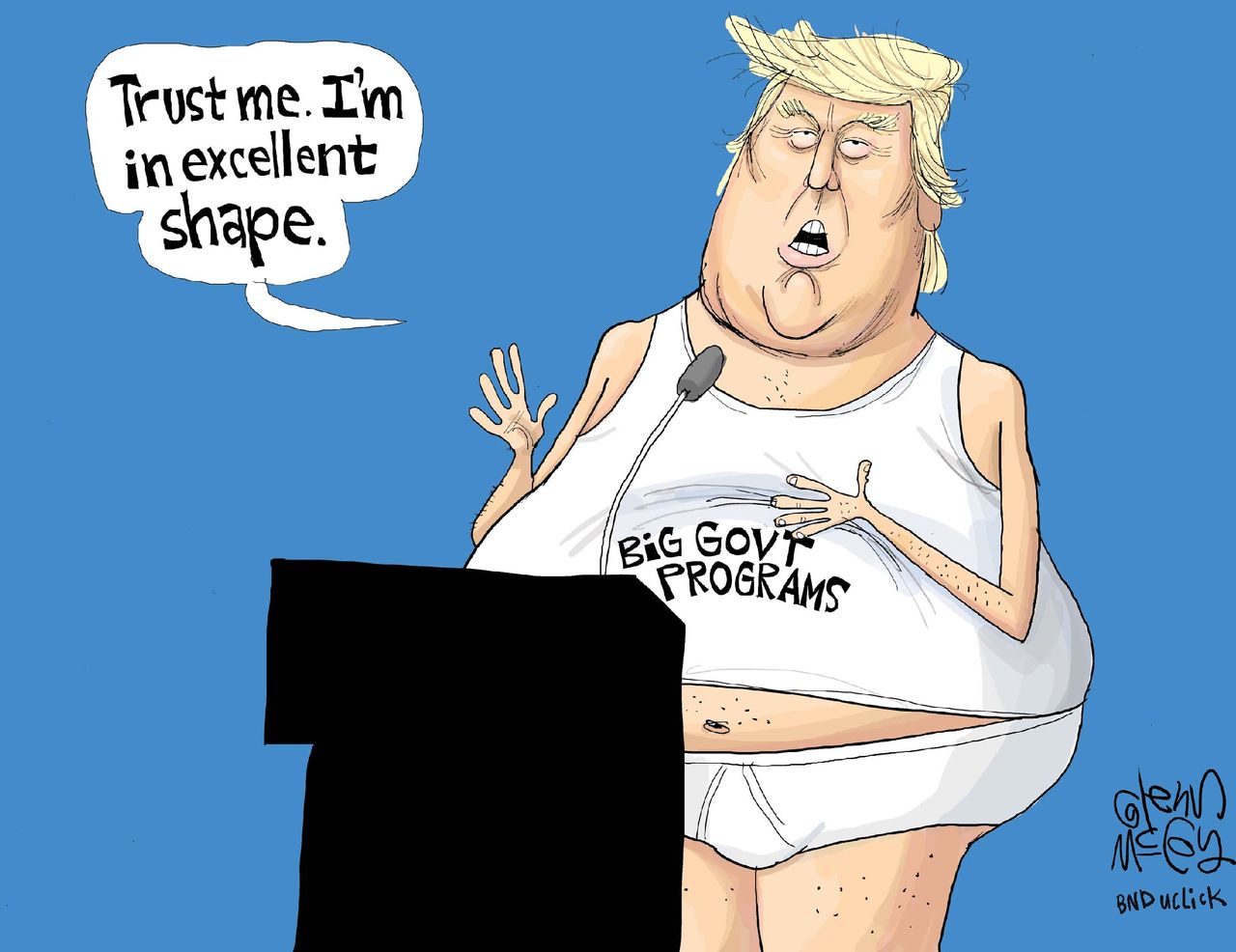 Political cartoon U.S. 2016 election Donald Trump health big government programs