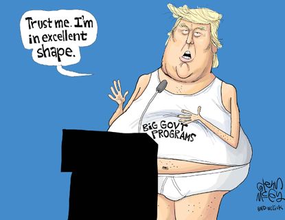 Political cartoon U.S. 2016 election Donald Trump health big government programs