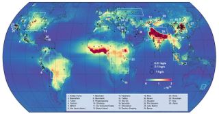 Who farted in space? This map of atmospheric ammonia fluxes based on 9 years of satellite data shows 242 ammonia hot spots (surrounded by black circles) and 178 wider emission zones (framed by white rectangles). According to a new study, about two thirds 