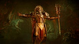 Diablo 4 character in metallic skeleton armor with a staff