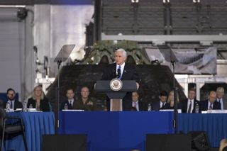 Vice President Mike Pence speaks at the second meeting of the National Space Council at the Space Station Processing Facility of NASA's Kennedy Space Center in Cape Canaveral, Florida on Feb. 21, 2018.