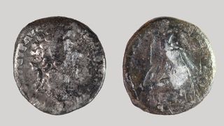 The front and back of a silver coin from the Roman Empire. 