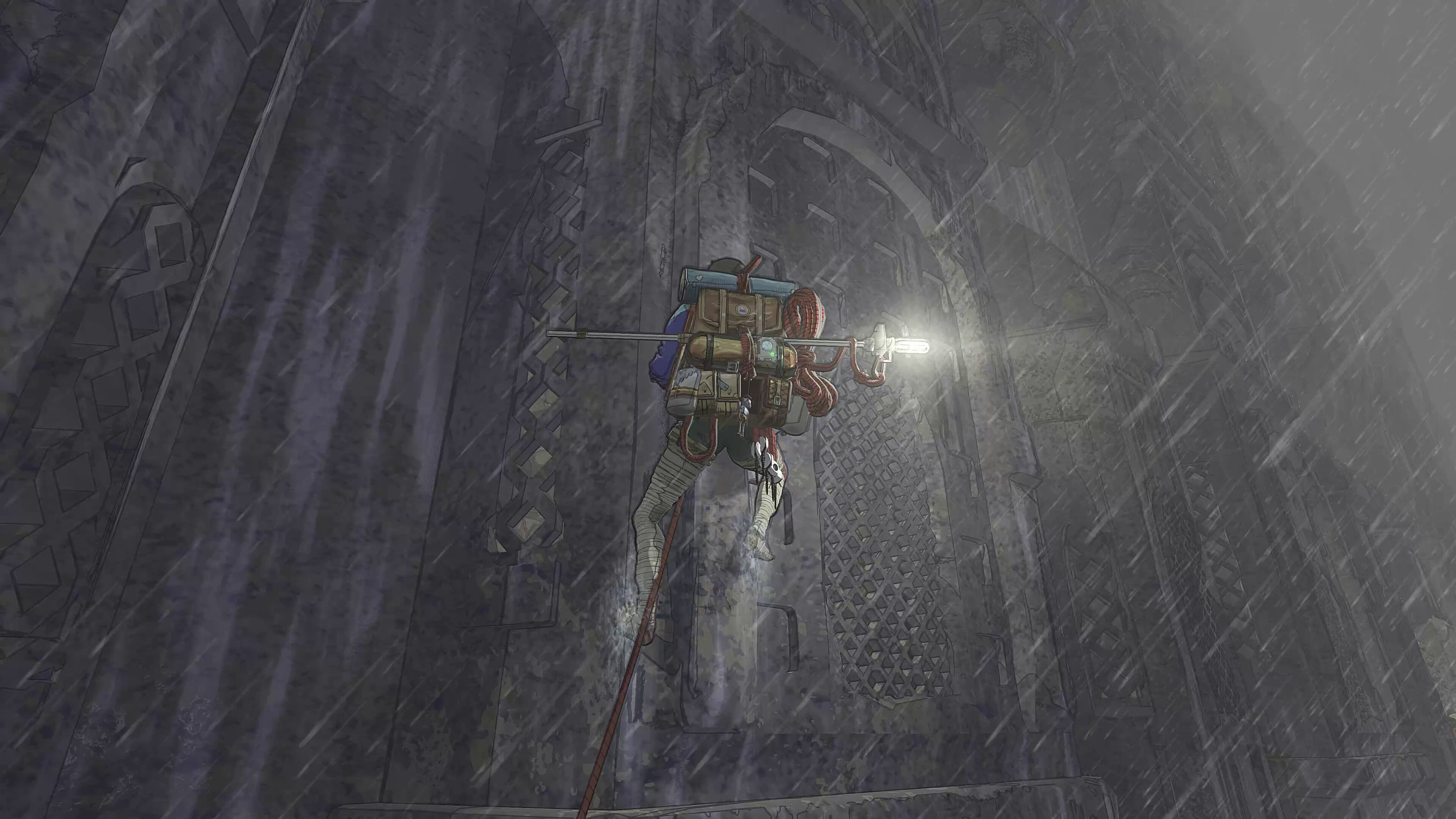 A screenshot from the climbing game Cairn showing the player character, mountains, and gear