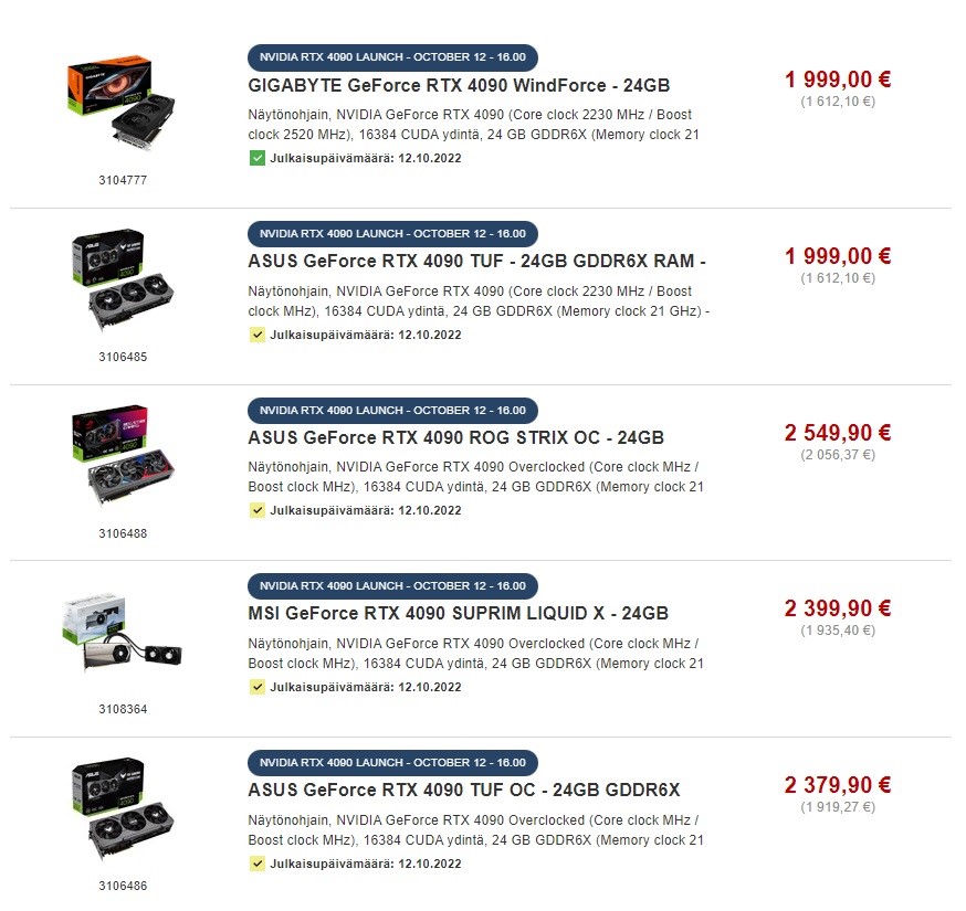 A screenshot of RTX 4090 prices on Proshop