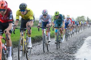 ROUBAIX FRANCE APRIL 07 Fred Wright of The United Kingdom and Team Bahrain Victorious competes passing through the Tilloy SarsetRosires cobblestones sector uring the 121st ParisRoubaix 2024 a 2597km one day race from Compiegne to Roubaix UCIWT on April 07 2024 in Roubaix France Photo by Dario BelingheriGetty Images