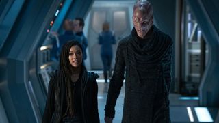 Sonequa Martin-Green as Michael Burnham and Doug Jones as Saru in Season 3 of Star Trek: Discovery.