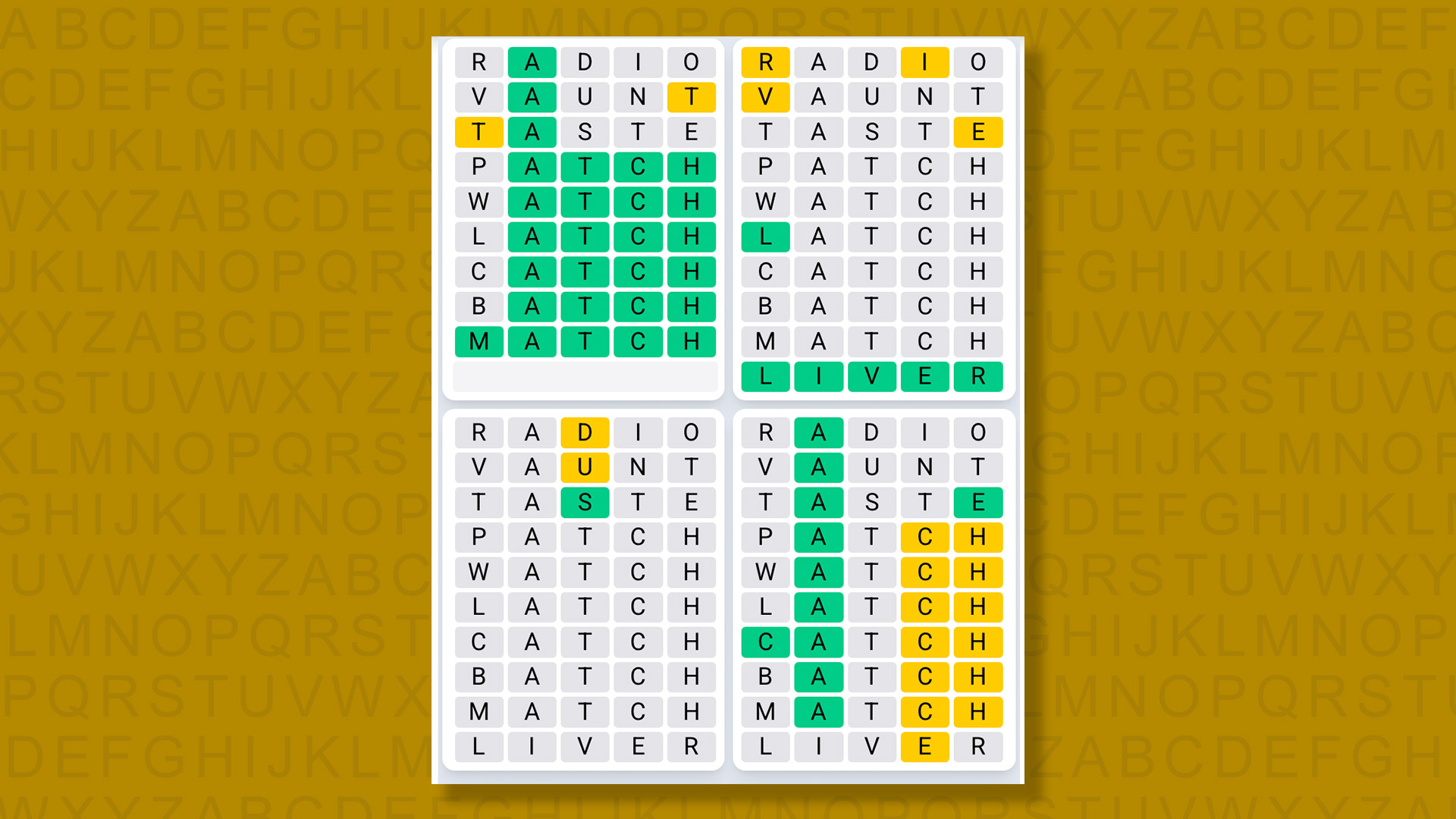 Quordle Daily Sequence answers for game 1454 on a yellow background