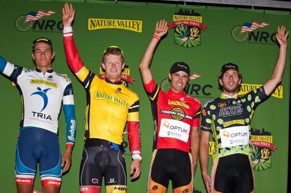 The Men's Jerseys: Tria Best Young Rider/Nature Valley Top Amateur - Devan Dunn (CashCall Mortgage), Nature Valley Race Leader - John Murphy (Kenda/5hr Energy), Freewheel Bike Most Aggressive Rider - Jesse Anthony (Optum p/b Kelly Benefit Strategies), Sport Beans King of the Hill Leader - Scott Zwizanski (Optum p/b Kelly Benefit Strategies).
