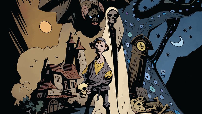 Mike Mignola, Bowling With Corpses; comic art of a boy with a zombie and vampire bat