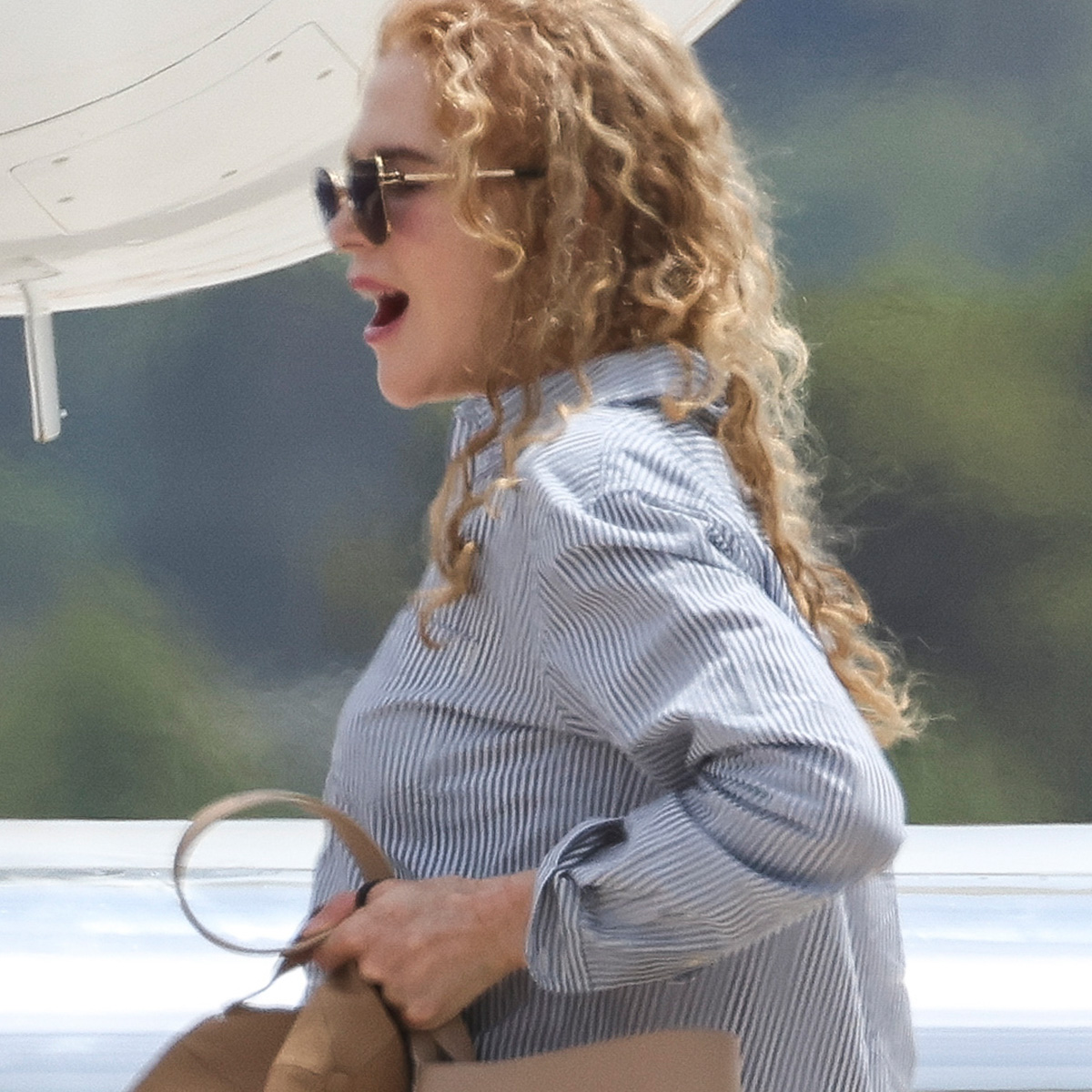 Nicole Kidman boards a private jet in Ibiza, carrying The Row's N/S Park Tote in tan, and wearing cuffed jeans, a button-down shirt, and white sneakers.