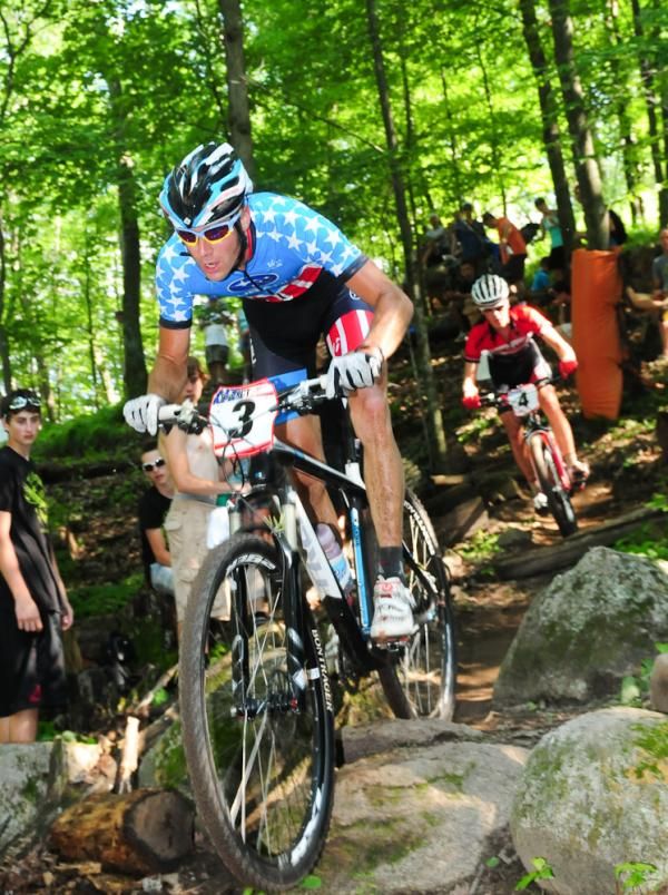 U.S. Champion Jeremy Horgan-Kobelski (Subaru-Trek) riding a drop-off.