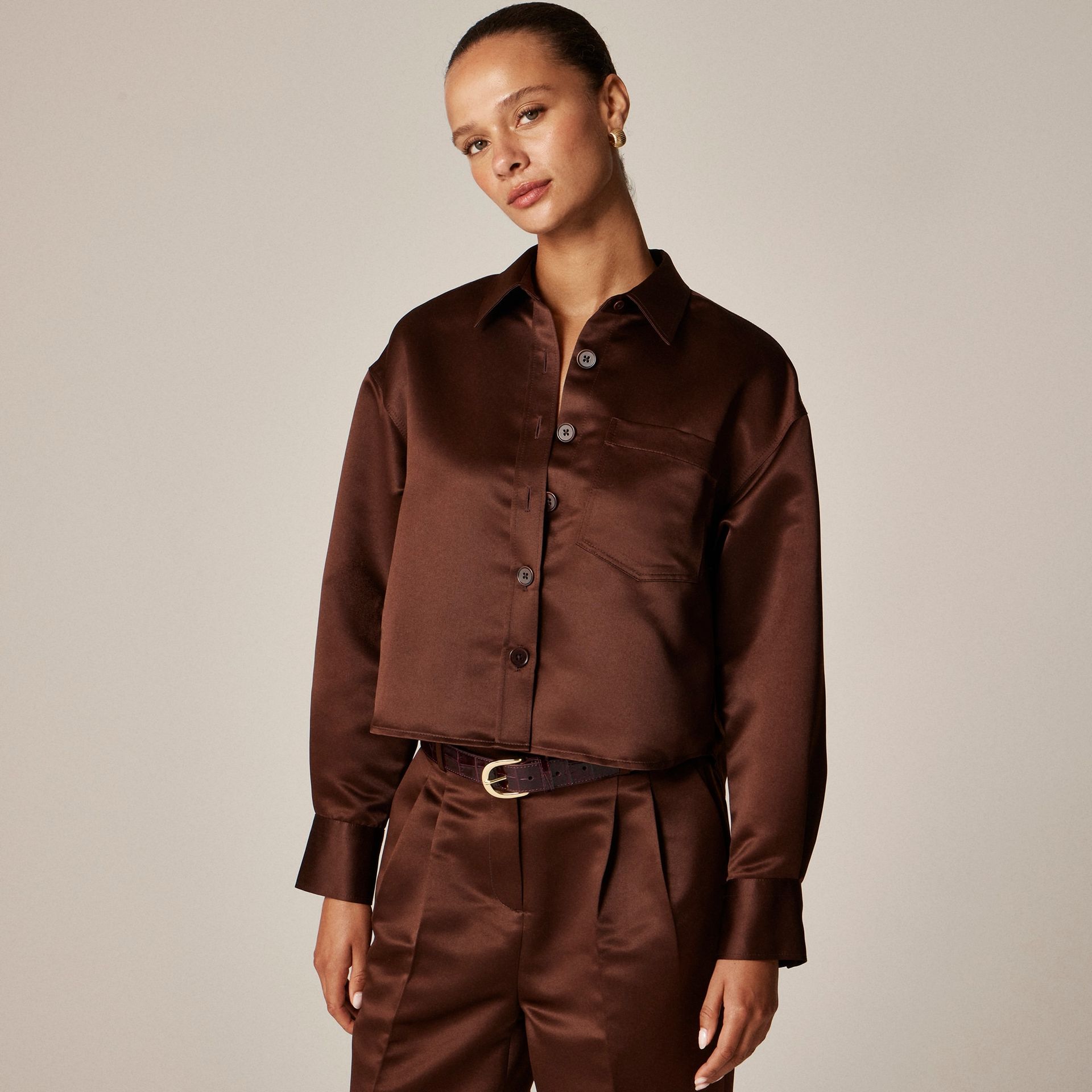&Eacute;tienne Cropped Button-Up Shirt in Duchesse Satin