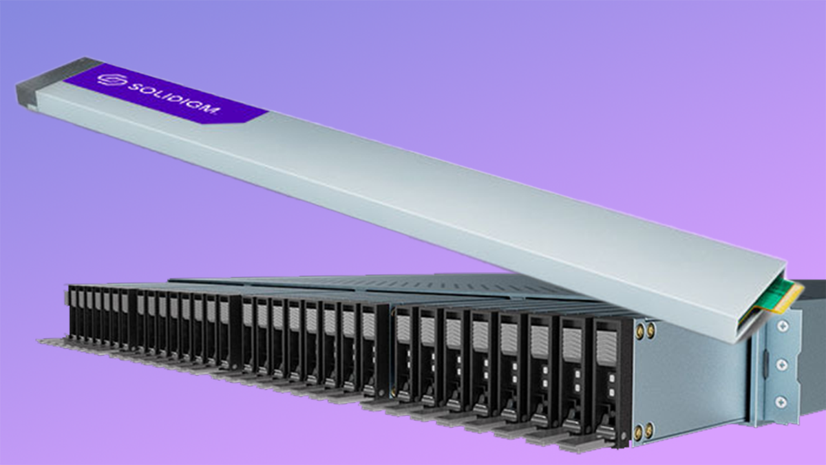 Solidigm SSD with server rack on a purple background