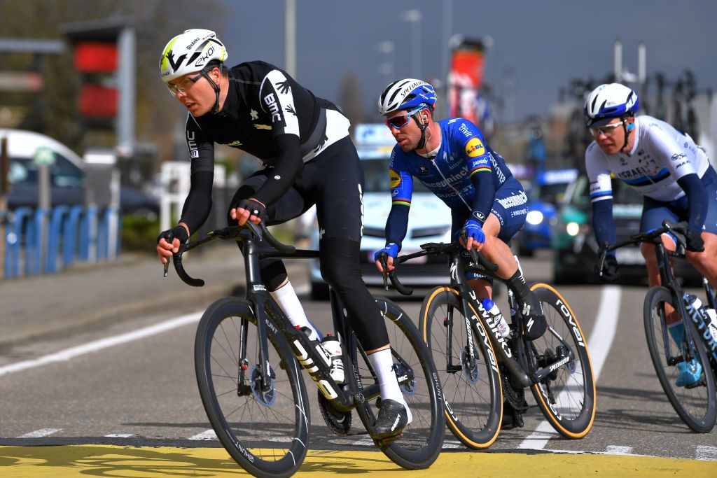 SCHOTEN BELGIUM APRIL 07 Max Walscheid of Germany and Team Qhubeka Assos Mark Cavendish of United Kingdom and Team Deceuninck QuickStep during the 109th Scheldeprijs 2021 Mens Elite a 1942km race from Terneuzen to Schoten Breakaway SP21 FlandersClassic on April 07 2021 in Schoten Belgium Photo by Luc ClaessenGetty Images