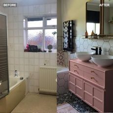 before and after bathroom with white tiles mirror 