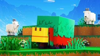 Minecraft animation - A sniffer and goats stand together on a grassy hill with mountains in the background