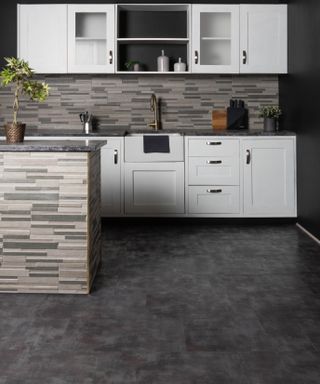 slate effect vinyl flooring in cream modern shaker kitchen