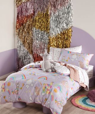 Unicorn and rainbow bed with metallic wall