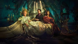 Miss Havisham (Olivia Colman), Pip (Fionn Whitehead) and Estella (Shalom Brune-Franklin) in Great Expectations' key art