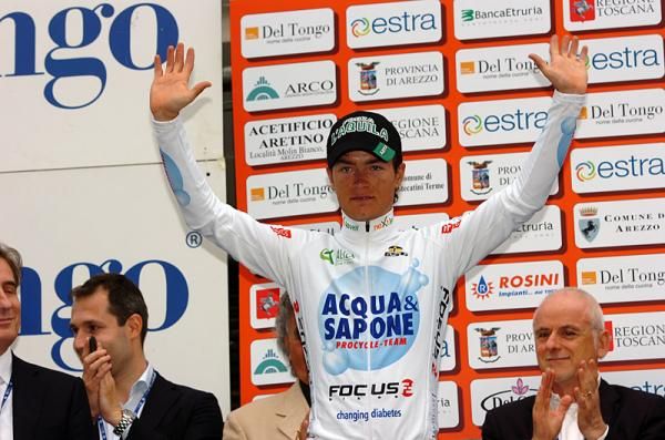 Carlos Betancur (Acqua &amp; Sapone) on the podium after finishing second at the Giro della Toscana.