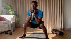 A man performs a dumbbell goblet squat at home. He holds a dumbbell to his chest as he bends his knees to squat down. Behind him we see a couch and plant.