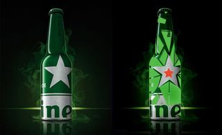 Two bottles demonstrating the development of the Heineken bottle design by ODE designers André Coelho and Sandra Garcia
