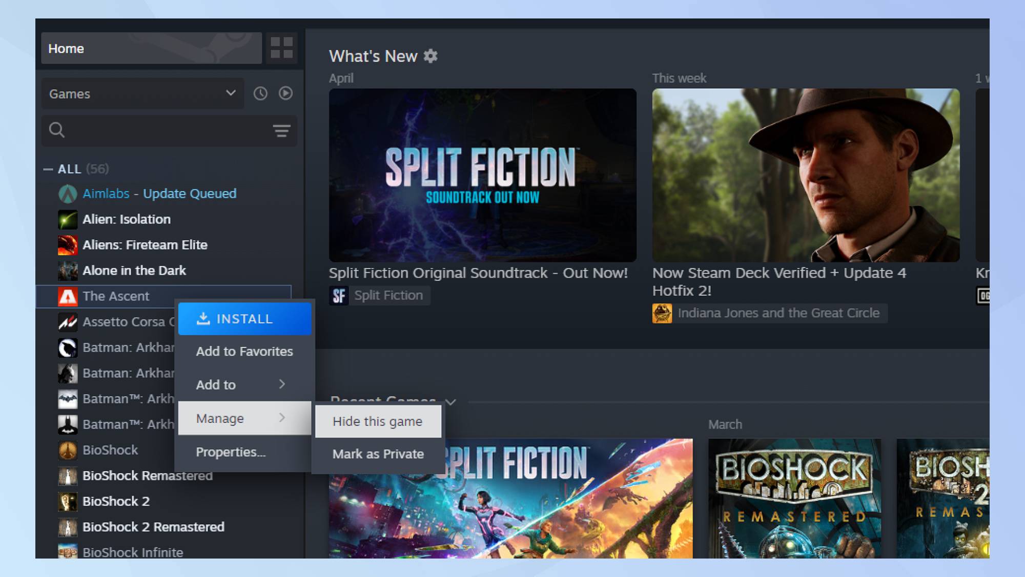 Screenshot of Steam library