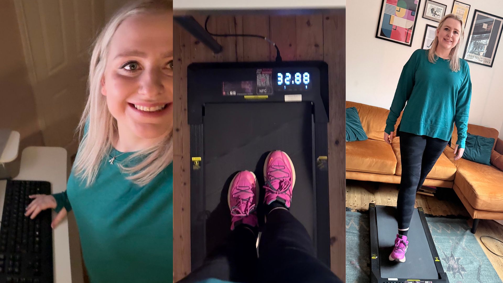 Anna walking 10,000 steps a day on a walking pad while working and watching TV
