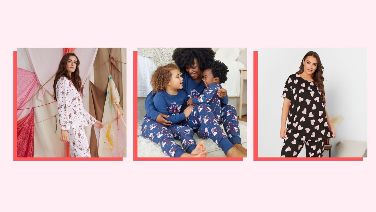 composite image of two female models and a mother and two children wearing various types of matching valentine&#039;s day pajamas