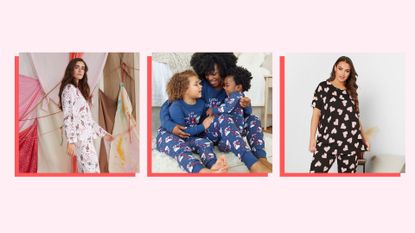composite image of two female models and a mother and two children wearing various types of matching valentine's day pajamas