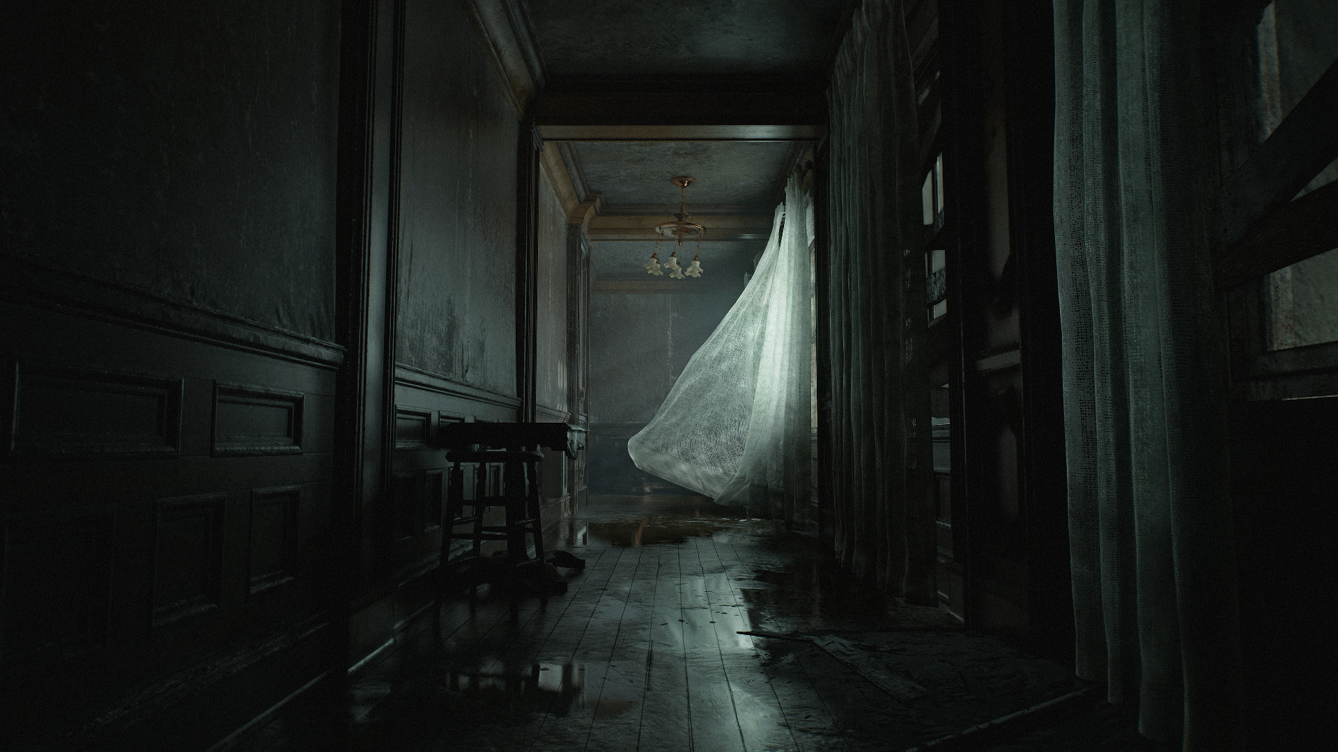 Resident Evil Requiem screenshot of a dark corridor with a curtain blowing in