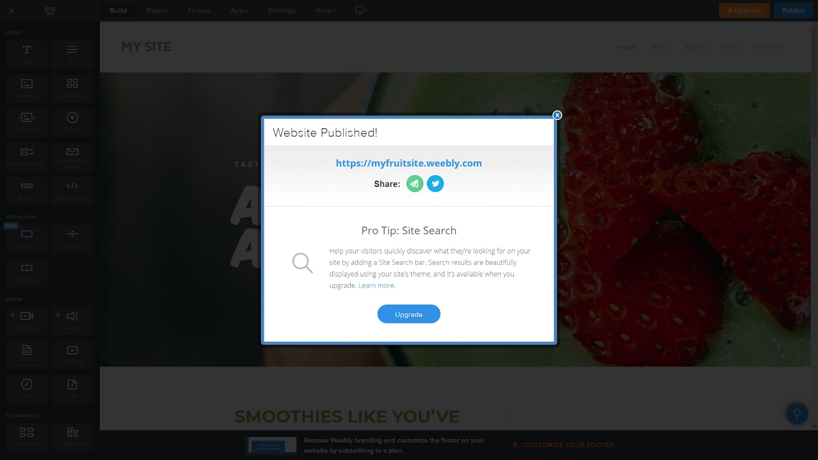Weebly's pop-up showing when a website has been published