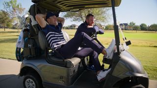 Jordan Spieth riding in a golf cart in Full Swing