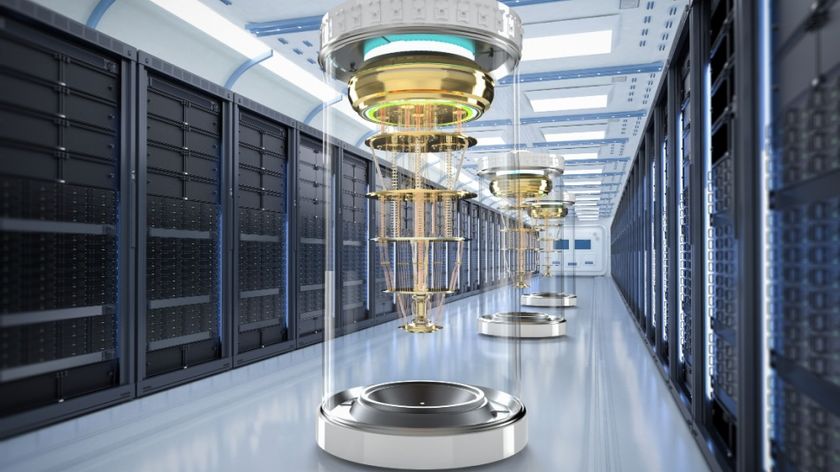 3d rendering of a quantum server network with quantum computer machine in server room