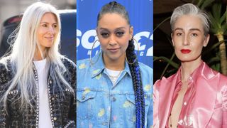 Three celebrities with gray hair, Tia Mowry, Sarah Harris and Erin O'Connor