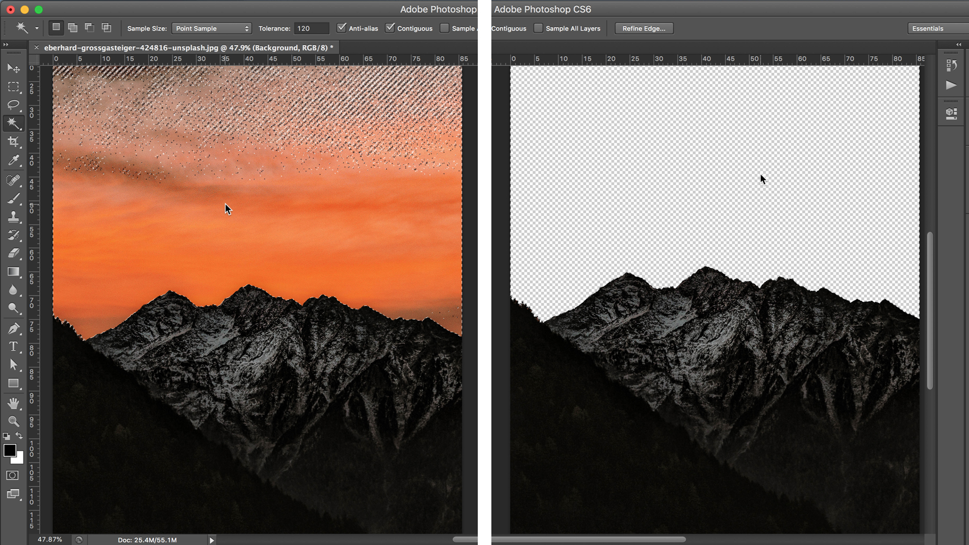 Screenshot of mountains in Photoshop with the background removed/selected