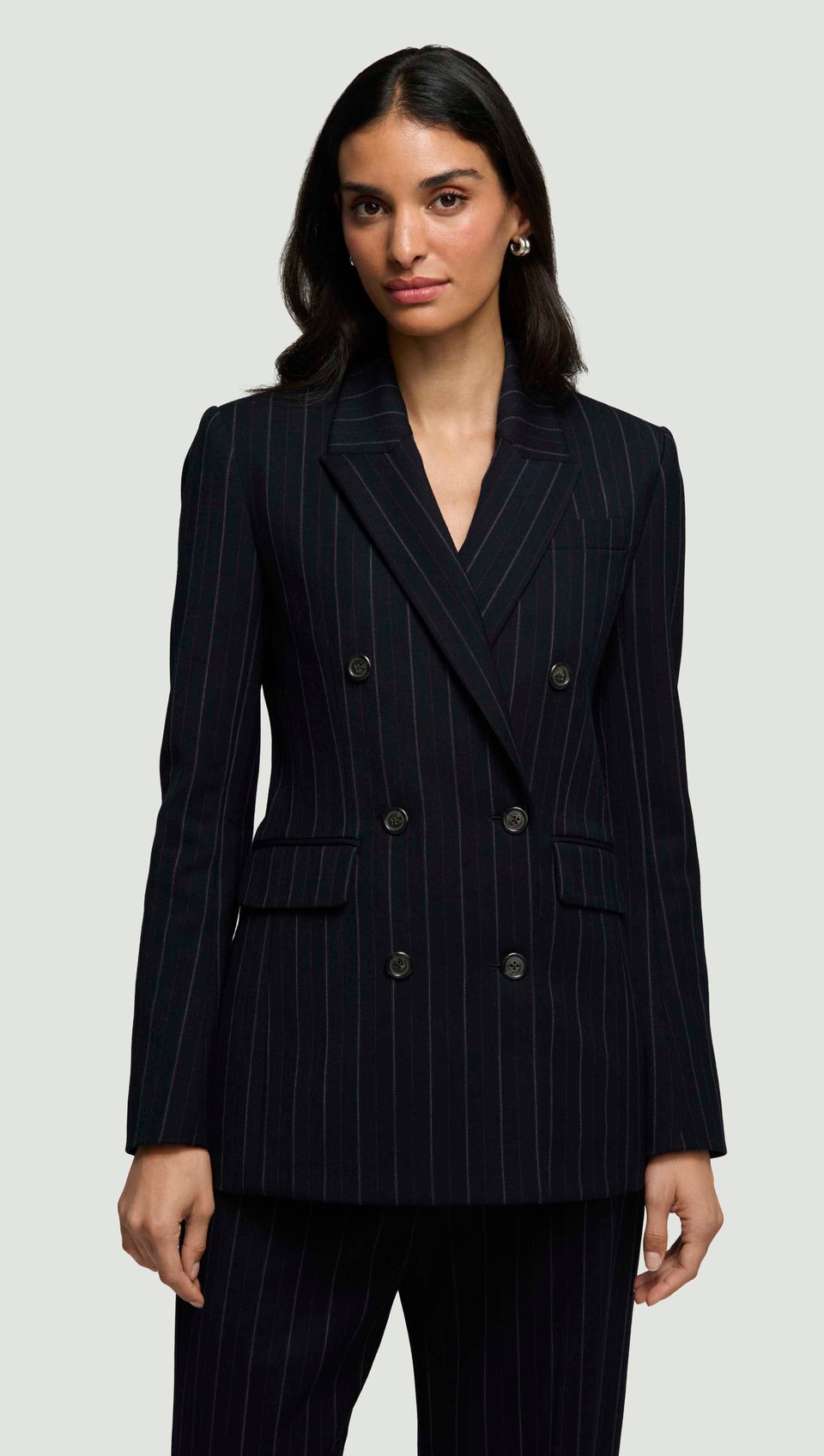 Argent, Double-Breasted Blazer in Stretch Wool | Herringbone Midnight Stripe
