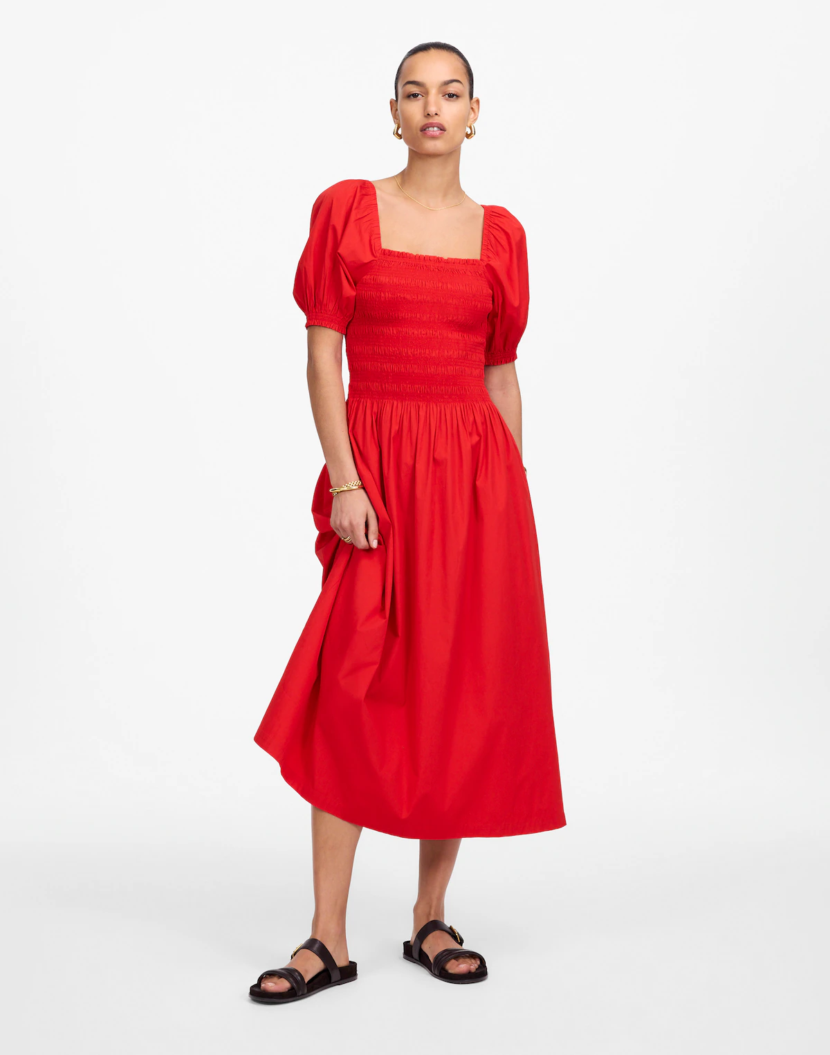MW, Smocked Puff Sleeve Midi Dress in Poplin