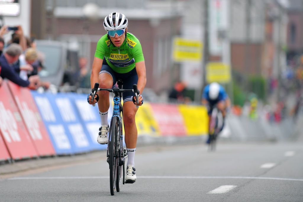 GALMAARDEN BELGIUM JUNE 24 Ellen Van Dijk of The Netherlands and Team Trek Segafredo Green Points Jersey at arrival during the 9th Lotto Belgium Tour 2021 Stage 2 a 1375km stage from Galmaarden to Galmaarden LottoBelgTour LottoBelgiumTour on June 24 2021 in Galmaarden Belgium Photo by Luc ClaessenGetty Images