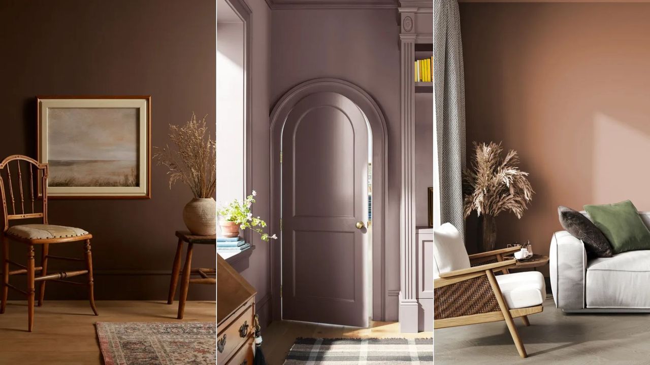 dark brown wall, purple doorway, terracotta living room