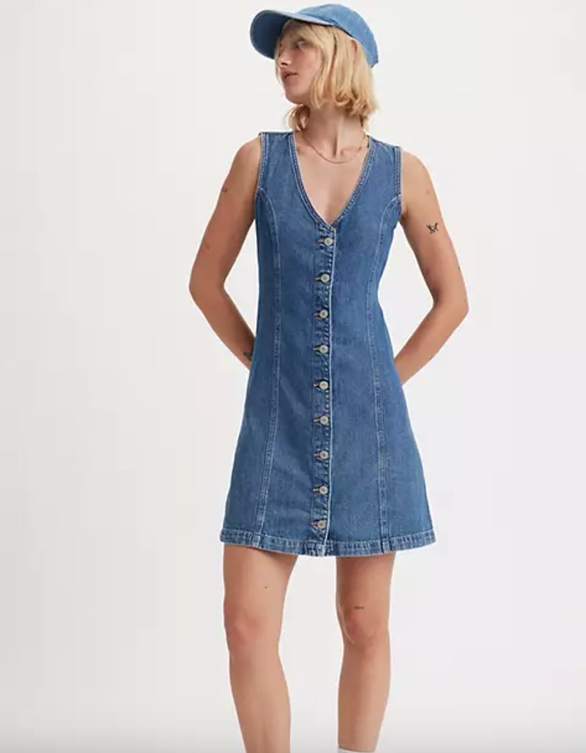 Woman in denim mini dress