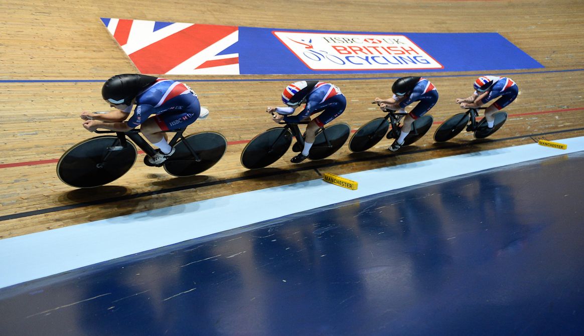Emily Nelson, Elinor Barker, Neah Evans and Katie Archibald of Great Britain compete during the Women's Team Pursuit