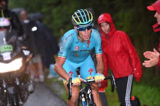 Vincenzo Nibali (Astana) trying to ride away from his breakaway companions on the Joux Plane