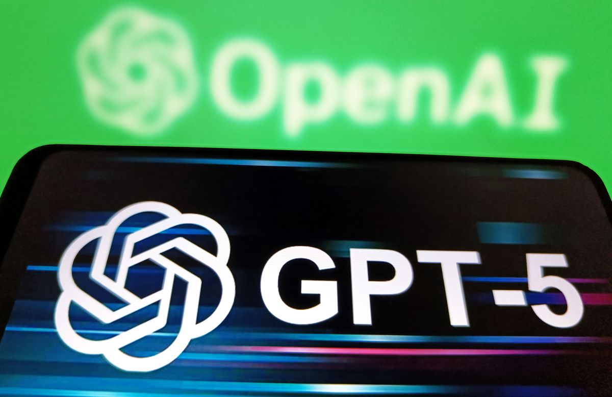 SUQIAN, CHINA - AUGUST 7, 2025 - A illustration photo shows the GPT-5 displayed in a smartphone with the OpenAI logo in background in Suqian, Jiangsu Province, China on August 7, 2025. (Photo credit should read CFOTO/Future Publishing via Getty Images)