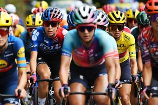 Kasia Niewiadoma in yellow on stage seven of the Tour de France Femmes 2024