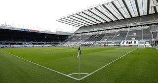 Newcastle United stadium, St James' Park: General view inside the stadium prior to the Premier League match between Newcastle United and West Ham United at St. James Park on April 17, 2021 in Newcastle upon Tyne, England. Sporting stadiums around the UK remain under strict restrictions due to the Coronavirus Pandemic as Government social distancing laws prohibit fans inside venues resulting in games being played behind closed doors.